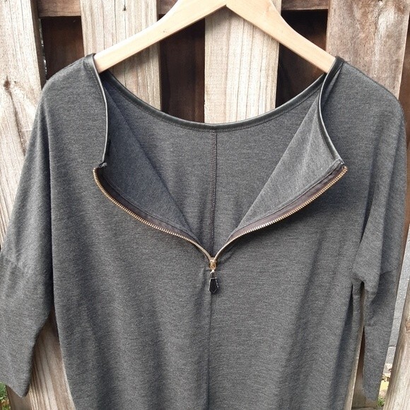 Zara W&B Collection Grey Top Back Zip Faux Leather Trim Dolman Bat Sleeve Size S - Picture 6 of 14